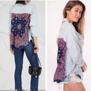 NWT Free People Bandana Bandit Western Chambray Shirt -L